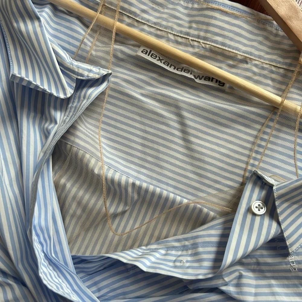 SOLD! Alexander Wang Off Shoulder Asymmetric Striped Mesh Accent Poplin Top 2 - Picture 6 of 17
